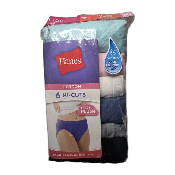 HANES Cotton HI CUTS Wicking Cool ULTRA PLUSH WAISTBAND 6 Pack Womans Sz 10 NEW - Picture 1 of 4
